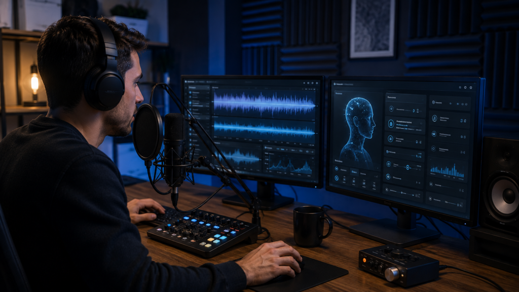 Professional using AI voice cloning software to generate realistic synthetic voices for podcasts and videos.