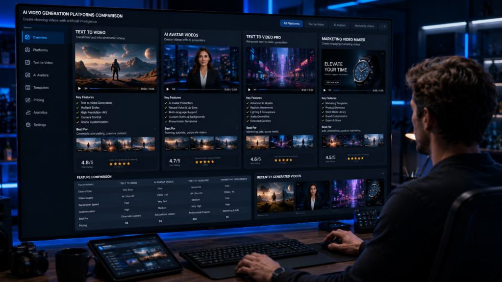 AI Video Generators Comparison Tool	Best For	Free Plan	Rating Runway	Professional Editing	✅	⭐⭐⭐⭐⭐ Pika	Social Media Videos	✅	⭐⭐⭐⭐☆ Kling AI	Realistic Videos	Limited	⭐⭐⭐⭐⭐ Synthesia	AI Avatar Videos	Demo	⭐⭐⭐⭐☆ Google Veo	Cinematic Video	Limited	⭐⭐⭐⭐⭐ InVideo AI	Marketing Videos	✅	⭐⭐⭐⭐☆ H2 Frequently Asked Questions What is the best AI video generator?  Runway, Google Veo, and Kling AI are among the best AI video generators for creating realistic and cinematic videos.  Which AI video generator is free?  Runway, Pika, and InVideo AI offer free plans or trial options, although advanced features may require a subscription.  Can AI generate videos from text?  Yes. Modern AI video generators can transform text prompts into complete videos with animations, visual effects, and voiceovers.  Which AI video generator is best for YouTube?  Runway and InVideo AI are excellent choices for YouTube creators because they simplify video editing and content production.