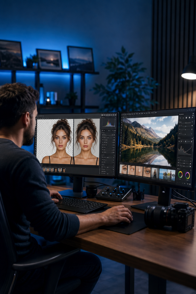 Best AI photo editors in 2026 displayed on professional editing workstations with AI-powered photo enhancement software.