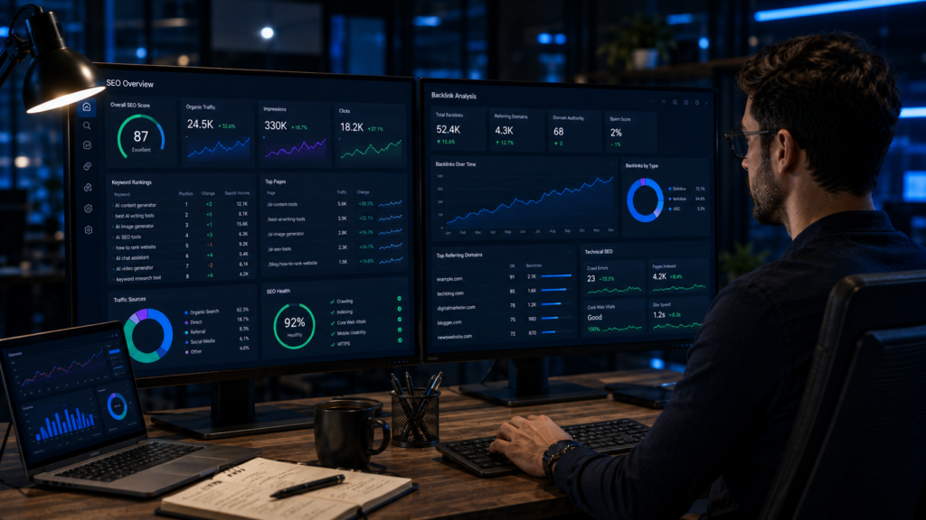 SEO dashboard showing traffic and ranking metrics