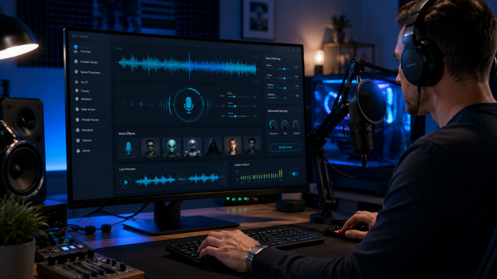 Creator changing their voice in audio software in a home studio
