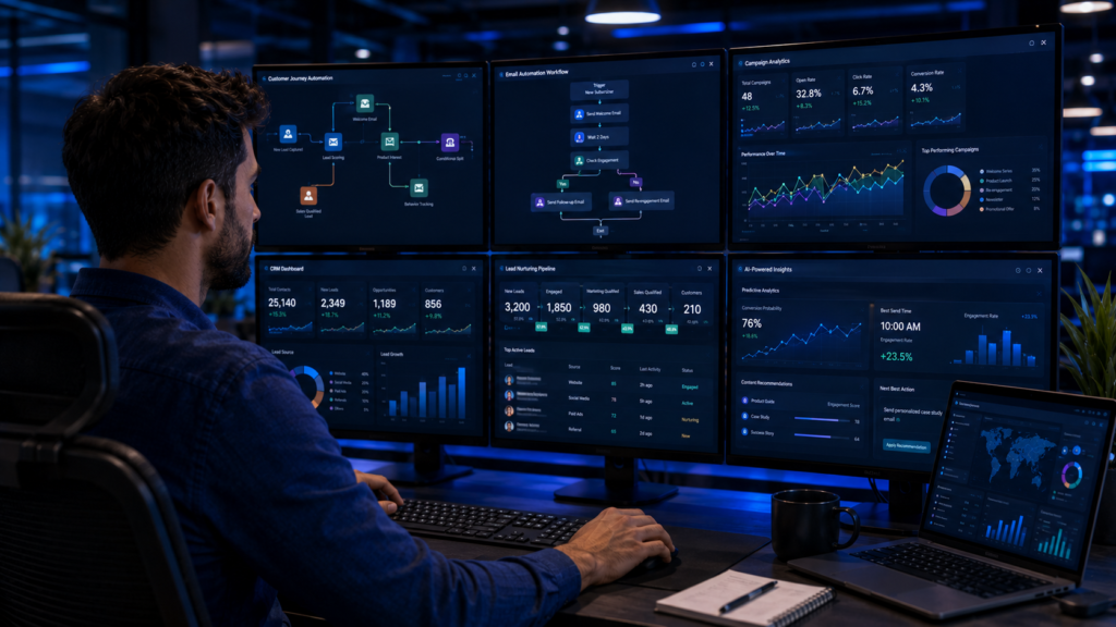 Marketing automation workflow and campaign metrics on screen
