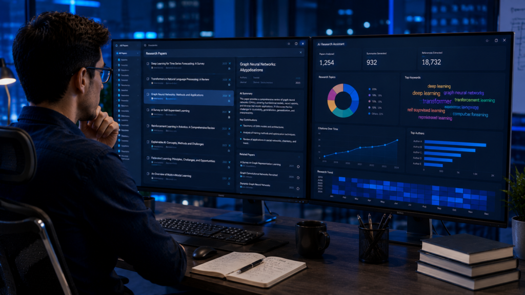 Researcher reviewing papers and data with AI research tools