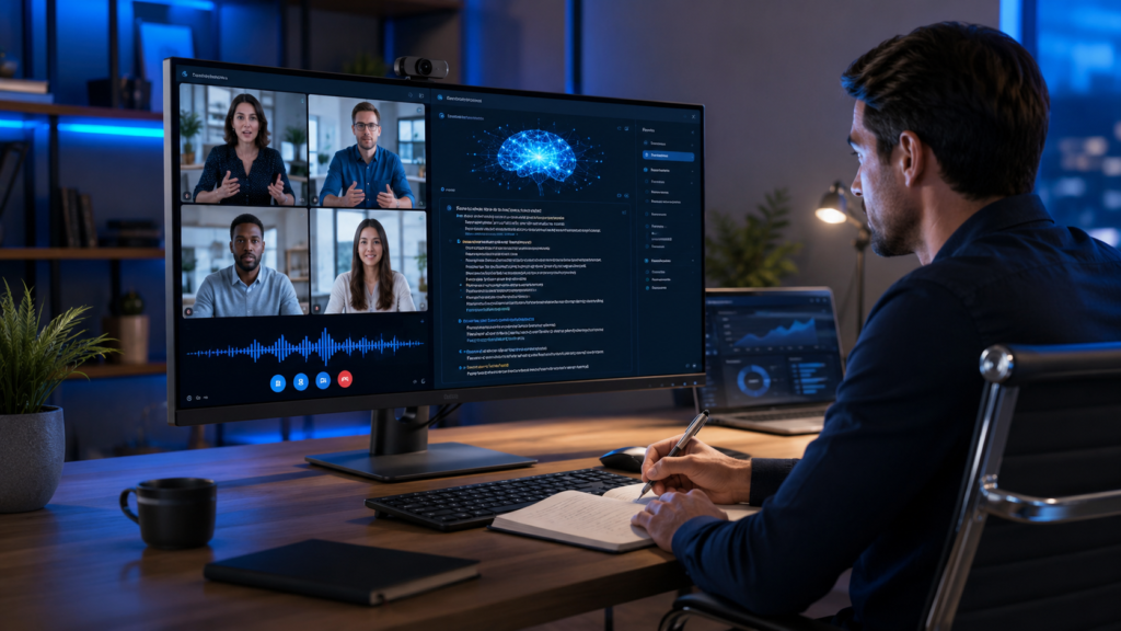 AI note taking app transcribing an online meeting