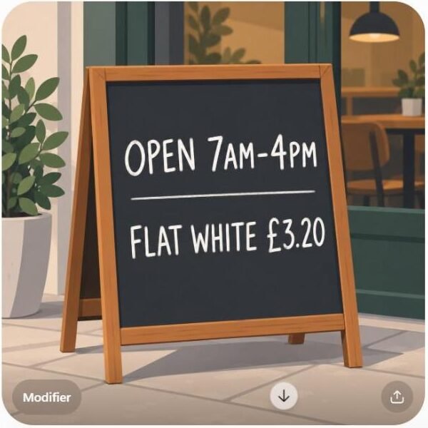 ChatGPT image generation in our 22 September 2026 test: chalkboard sign reading OPEN 7AM-4PM and FLAT WHITE £3.20, both lines correct at first attempt
