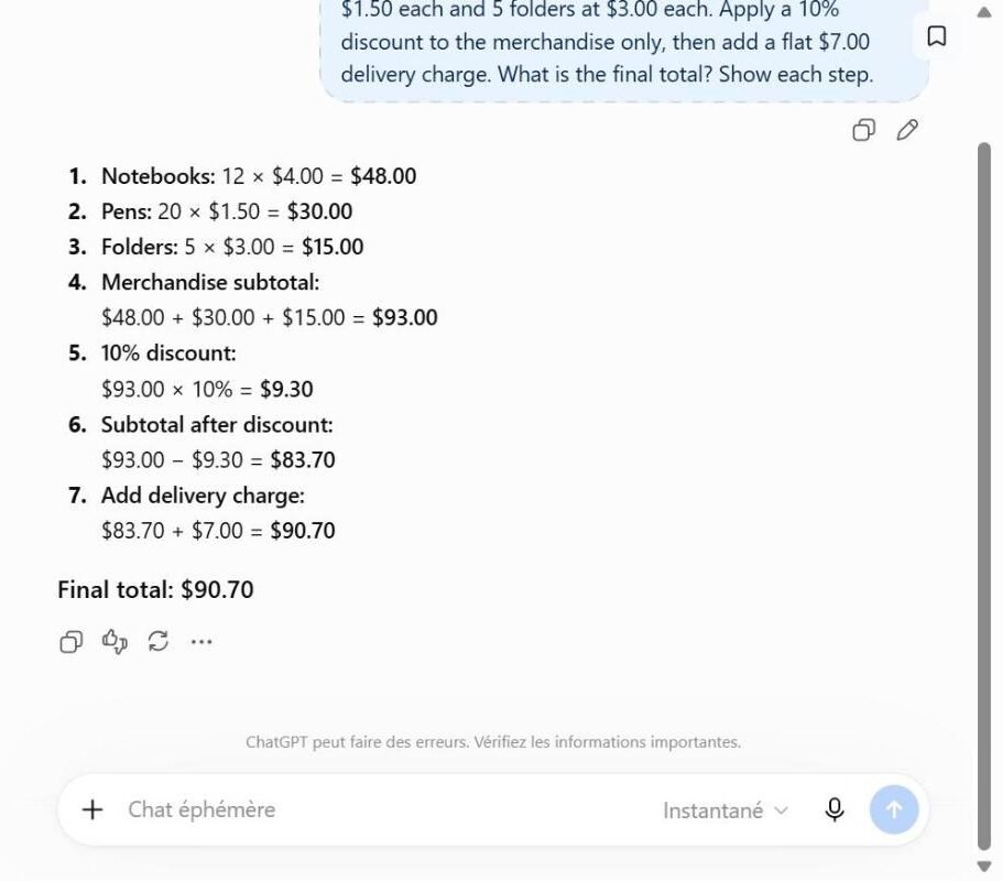 ChatGPT answer in our 22 September 2026 test: step-by-step order total, final $90.70 (correct)