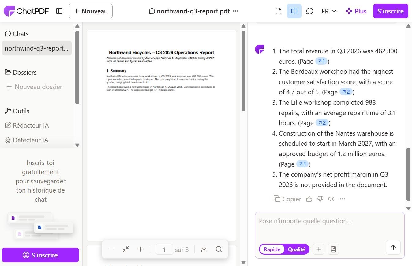ChatPDF free plan answering five questions about a fictional three-page test PDF, with page references