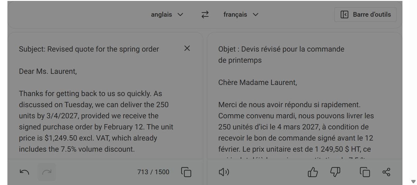 DeepL free web translator output in our 22 September 2026 test: the fictional business email in French, with 3/4/2027 rendered as 4 mars 2027