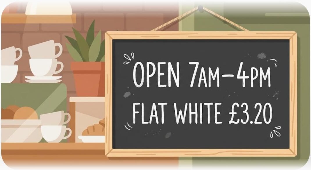 Gemini image generation in our 22 September 2026 test: chalkboard sign reading OPEN 7AM–4PM and FLAT WHITE £3.20, both lines correct at first attempt