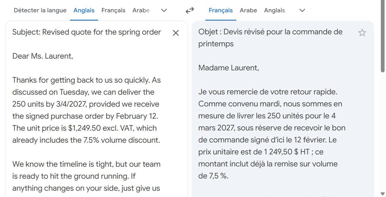 Google Translate output in our 22 September 2026 test: the fictional business email in French, with 3/4/2027 rendered as 4 mars 2027 and the price as 1 249,50 $ HT