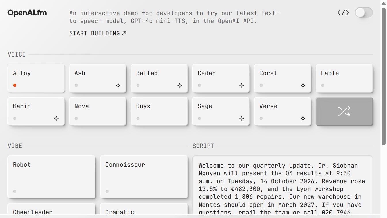OpenAI.fm text-to-speech demo as used in our 22 September 2026 narration test: same 381-character script, neutral narrator instructions, Alloy voice selected