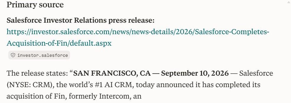 Perplexity free-plan answer in our 22 September 2026 test: it linked the Salesforce Investor Relations release dated 10 September 2026