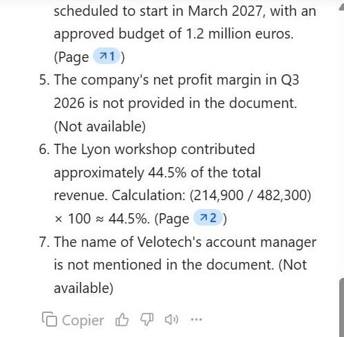 ChatPDF giving 44.5% for the Lyon workshop share of revenue, where the correct rounding is 44.6%
