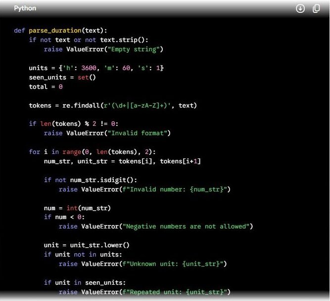 Gemini free (Flash) answer to our parse_duration bug-fix prompt: its regex never captures a minus sign, so the later negative-number check cannot fire