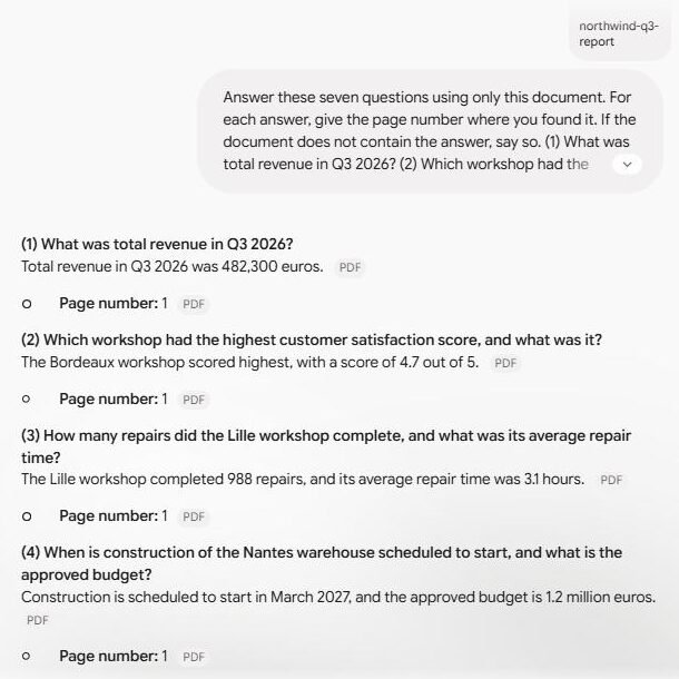 Gemini answering questions about the Northwind test PDF and citing page 1 for every answer