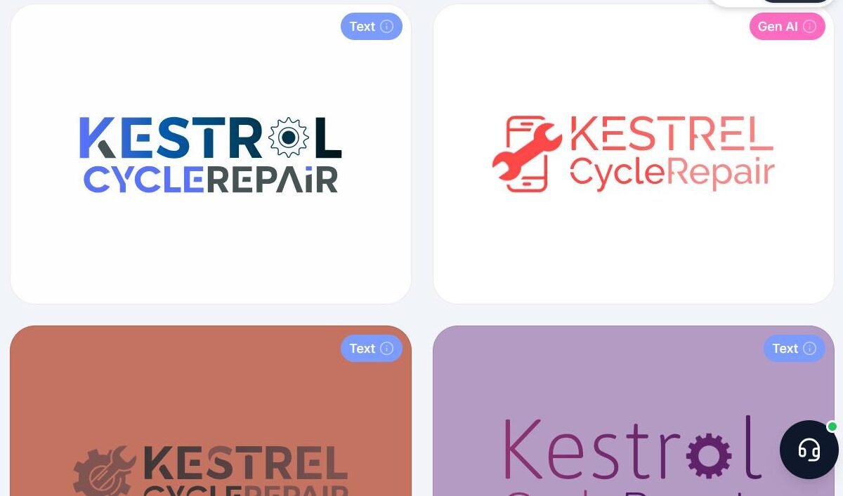 Brandmark concepts for the fictional Kestrel Cycle Repair: several replace the e in Kestrel with a gear, and one uses a phone-and-wrench icon