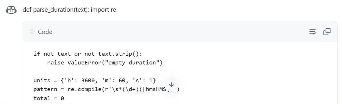 GitHub Copilot web chat answer: the def line appears as plain text outside the code block and the code body starts at column zero