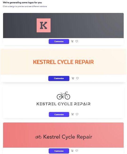 Looka concepts for the fictional Kestrel Cycle Repair after choosing a bicycle symbol