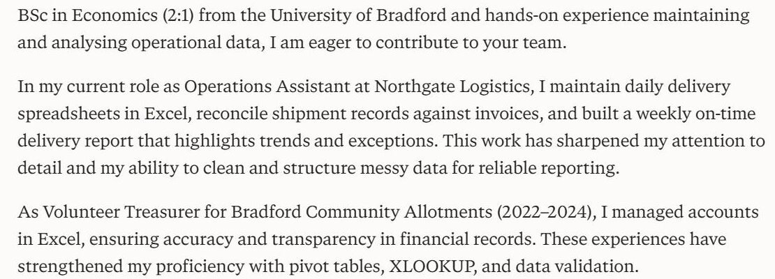 Perplexity free cover letter from the unconstrained prompt, with skills not in the test CV such as cleaning messy data and data validation