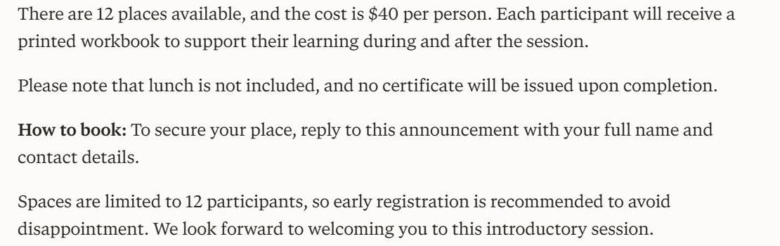 Perplexity free answer to our workshop brief, adding an unrequested booking channel and an early-registration warning